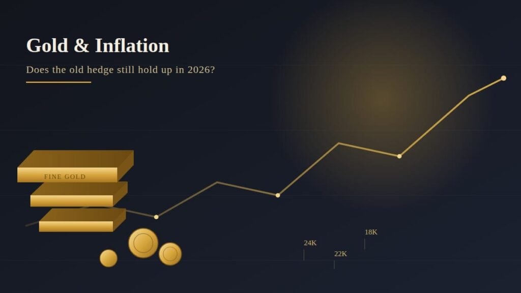 Gold inflation hedge illustration with gold bars, coins and price chart