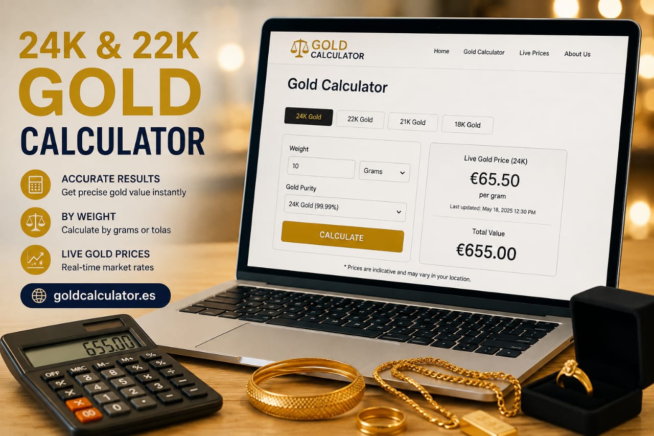 24K & 22K Gold Calculator showing gold price calculation by weight with live gold rates