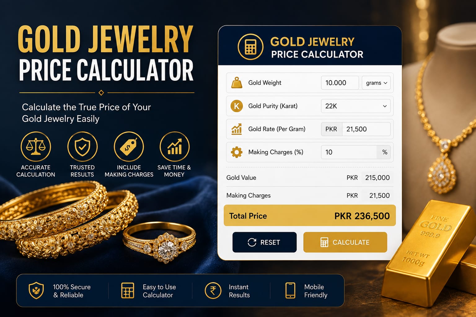 Gold Jewelry Price Calculator for calculating gold weight, purity, making charges, and total price