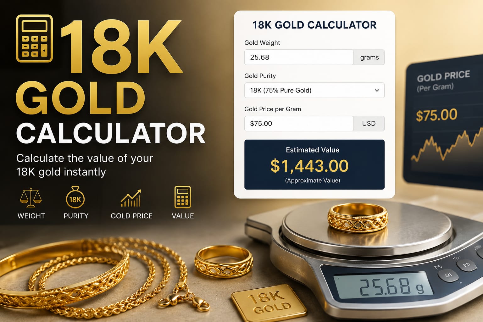 18K Gold Calculator for calculating gold value by weight and purity