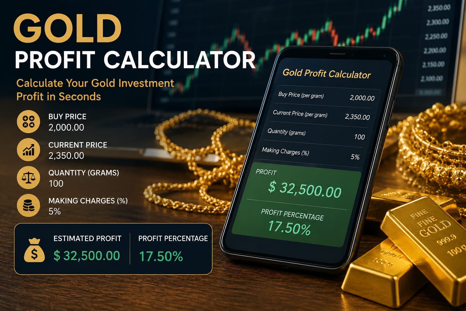 Gold Profit Calculator for calculating gold investment returns and profit percentage.