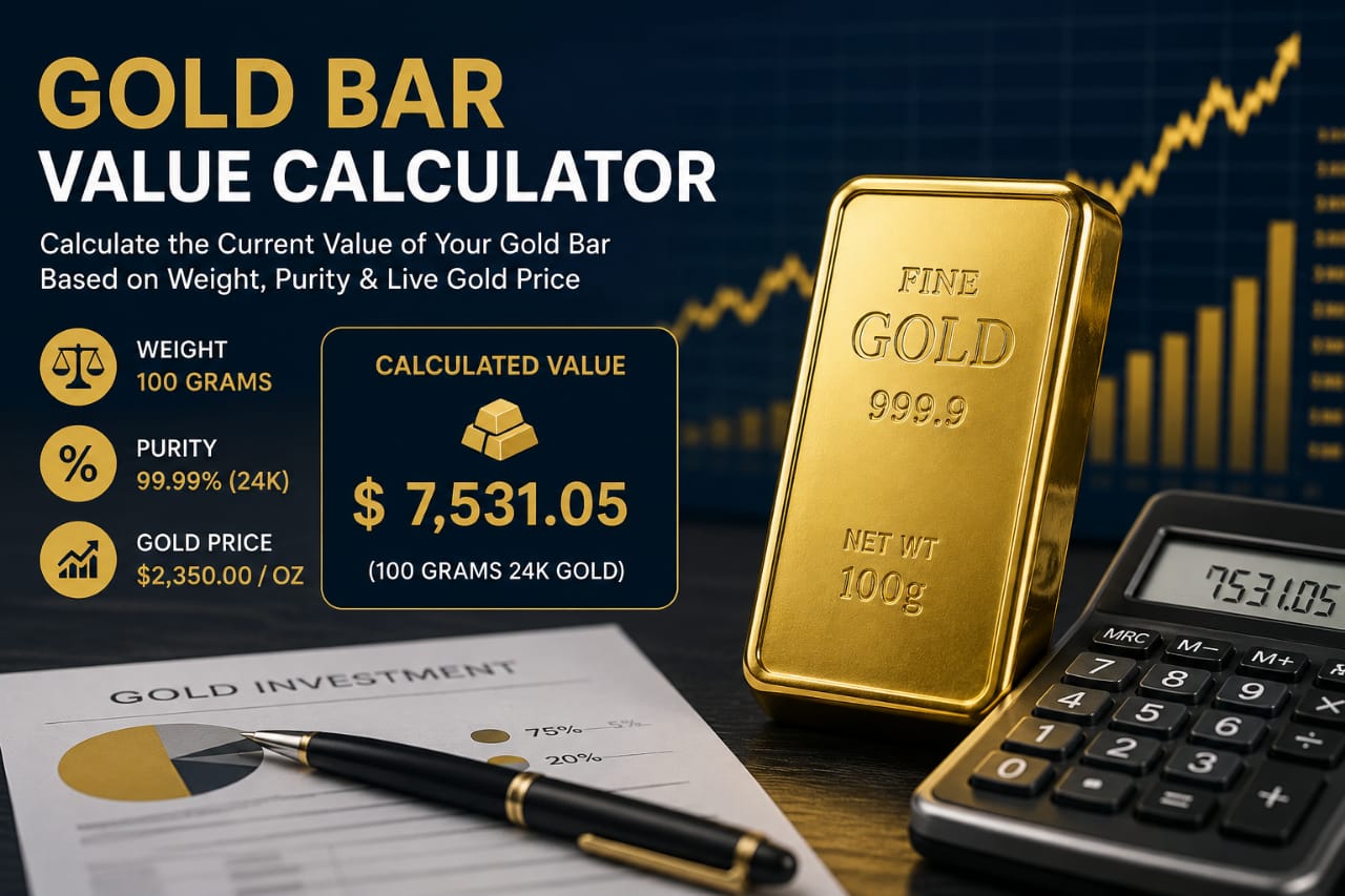 Gold Bar Value Calculator showing gold bar value based on weight, purity, and current gold price.
